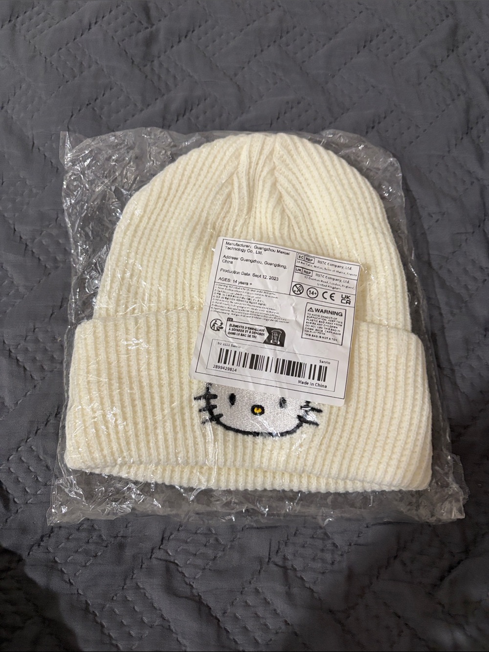 Hello Kitty Cream Knit Beanie Hat with Embroidered Face
